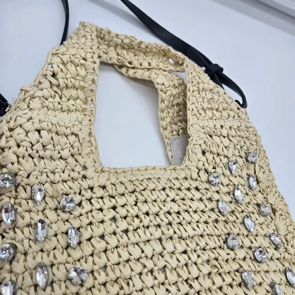 NWT BTB Los Angeles Straw Bag Crystal Embellished Crossbody Boho Shabby Chic Cot - Picture 3 of 10
